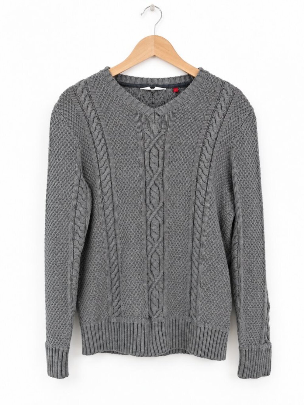 Hudson North Gray Cotton Cable Knit V Neck Sweater Preppy M
